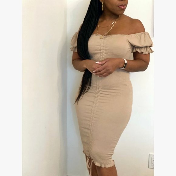 (NWT) Smocked Ruched Dress (Midi or Mini) - Khaki - Picture 1 of 6